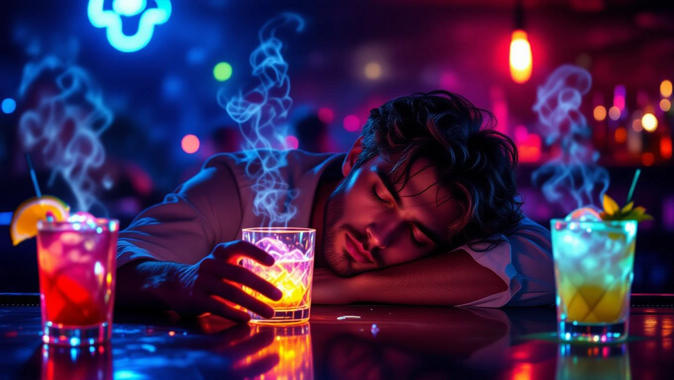 Egy fiatal férfi álmosan ül a bárpultnál, színes koktélokkal körülvéve.