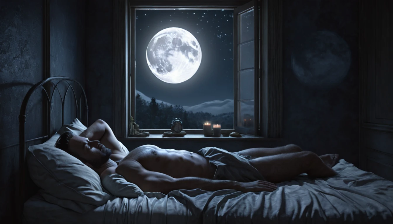 Mit jelent nyögéssel álmodni? - Online álomfejtés és értelmezés Egy férfi alszik az ágyában, a hold fénye világít a szobában.