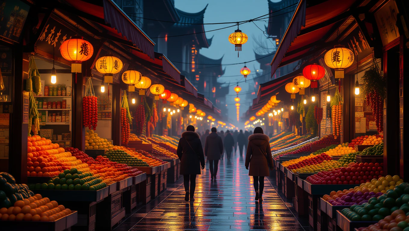 Mit jelent piacról álmodni? – Részletes álomfejtés és értelmezés Kivilágított piac, színes gyümölcsökkel és zöldségekkel, emberekkel az utcán.