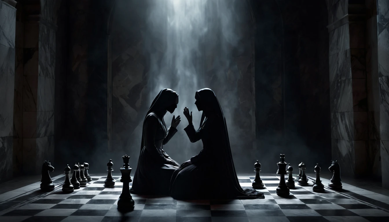 Két női alak ül egy sakkasztalnál, sötét háttérben, titokzatos légkörben.