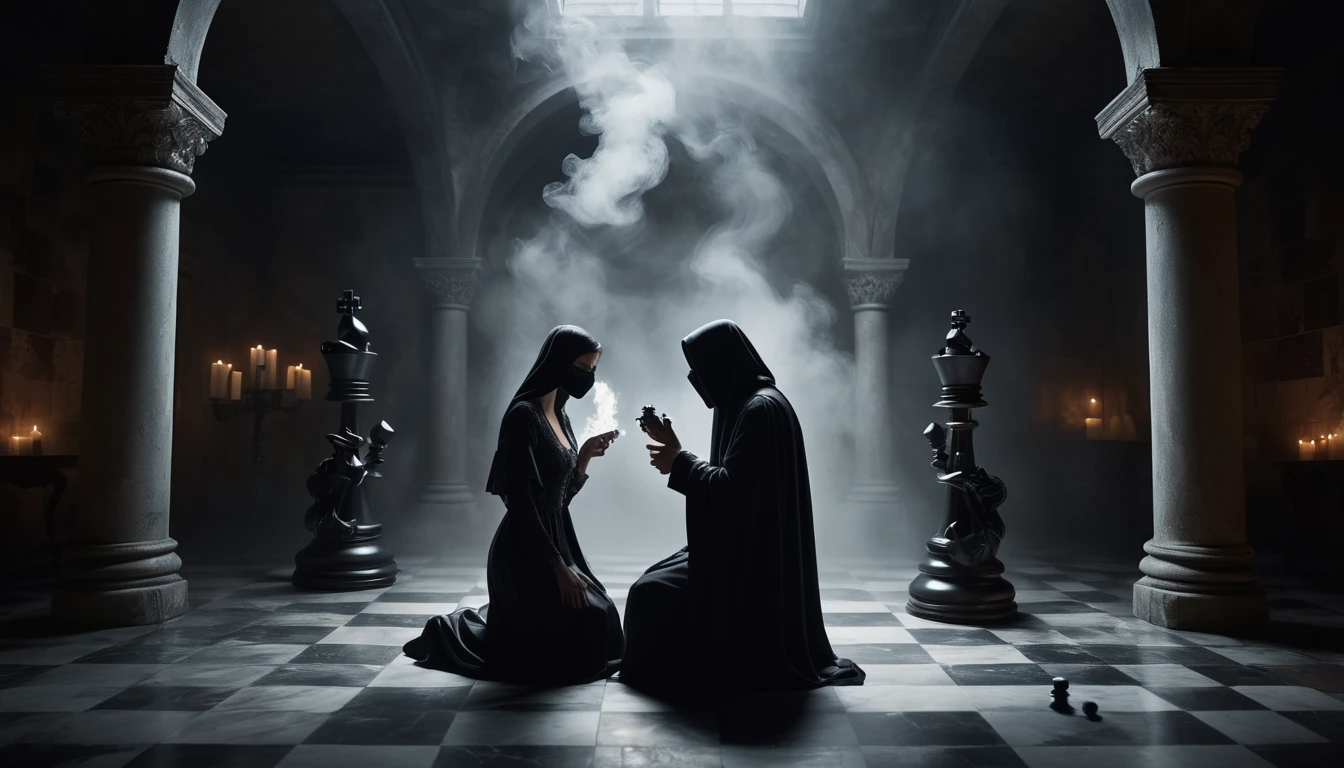 Két titokzatos alak ül egy sötét teremben, füst és gyertyafény között.