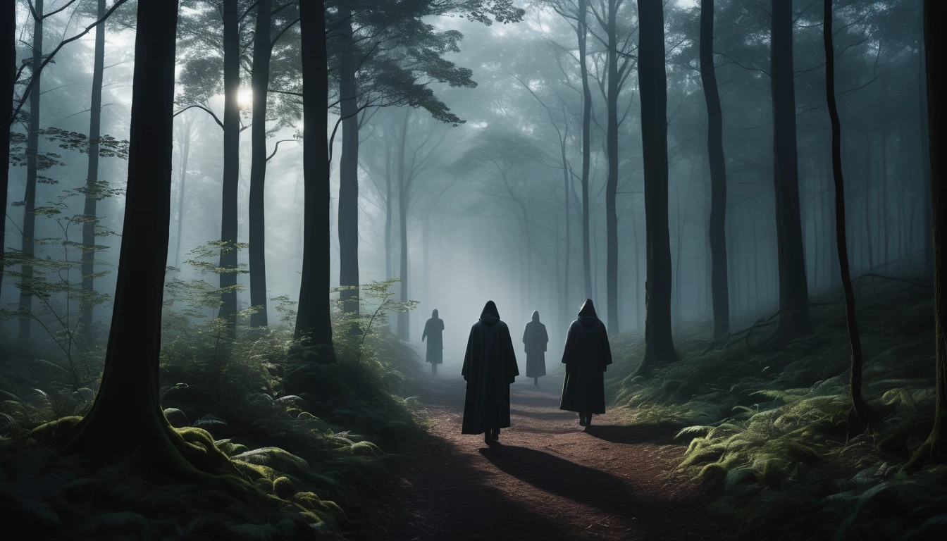 Sötét erdőben, ködben álló, kapucnis alakok sétálnak.
