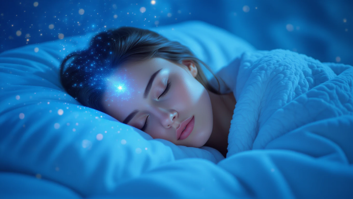 Mit jelent a kezdeményezés az álomban? – Részletes álomfejtés és értelmezés Egy fiatal nő békésen alszik, álmai között csillagfény ragyog a homlokán.