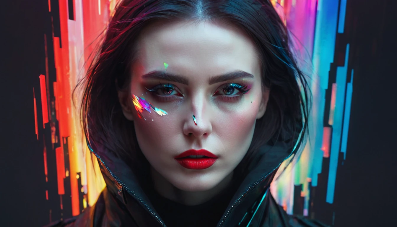 Egy női arc, élénk színek és fények háttérrel, erőteljes érzelmeket kifejezve.