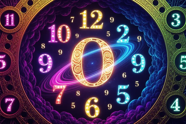 Színes, csillogó számok egy órán, álomfejtéshez kapcsolódó szimbolikával.