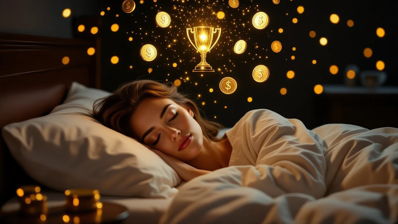 Mit jelent nyeréssel álmodni? - Online álomfejtés és értelmezés Egy fiatal nő alszik, álmaiban trófea és pénzérmék lebegnek.