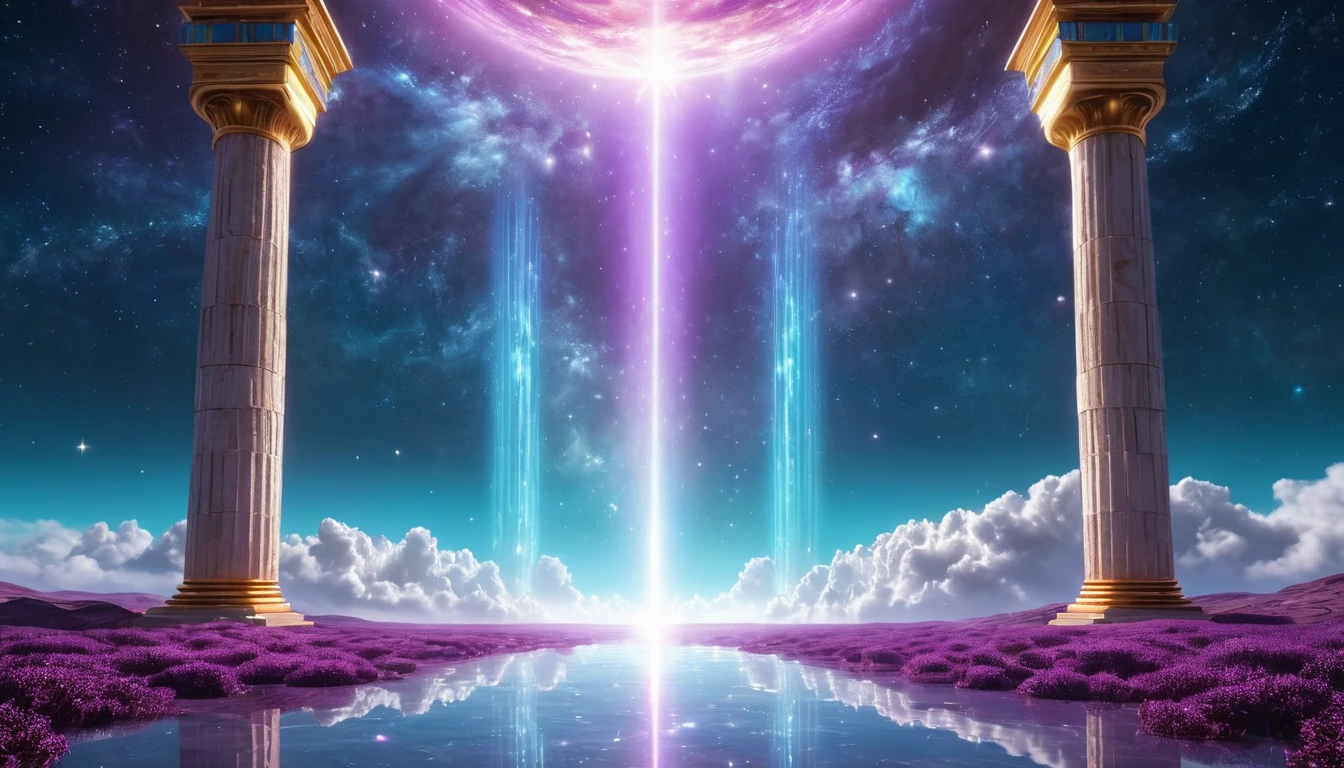 Mit jelent 20-as számmal álmodni? - Álomfejtés és értelmezés Egy varázslatos táj, ahol két oszlop között fénycsóva emelkedik az égre.