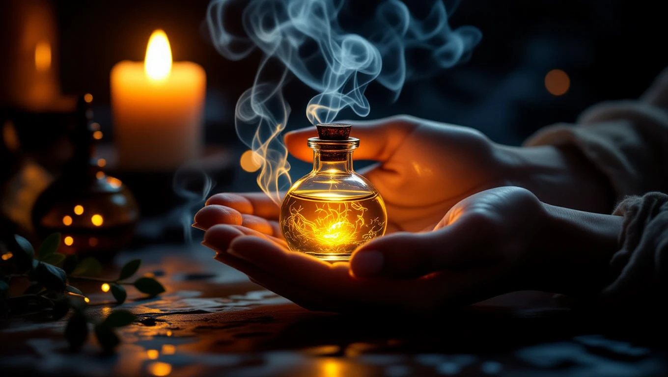 Egy kézben tartott üvegpalack, amelyből füst száll fel, gyertyafény mellett.
