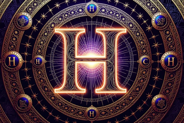 Egy díszes mandala, középpontjában egy stilizált 'H' betű található, csillagokkal és szimbólumokkal körülvéve.