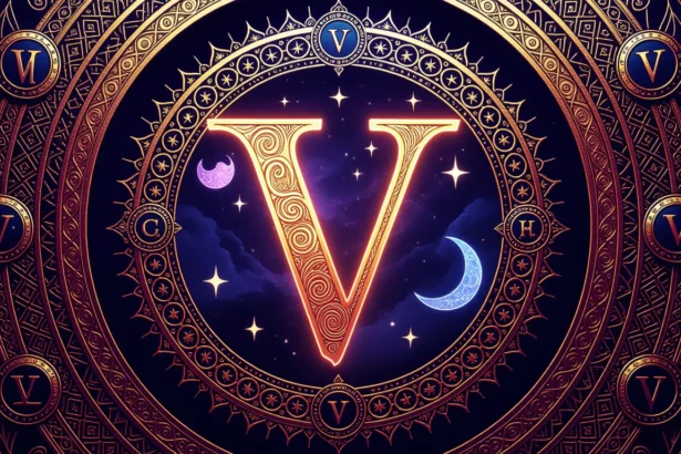 Egy díszes, aranyszínű V betű, csillagokkal és holdakkal körülvéve.