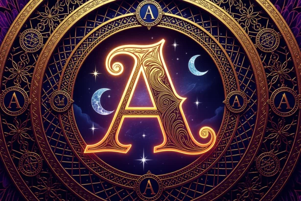 Arany színű, díszes betű A, csillagokkal és holdakkal körülvéve, álomfejtés témában.