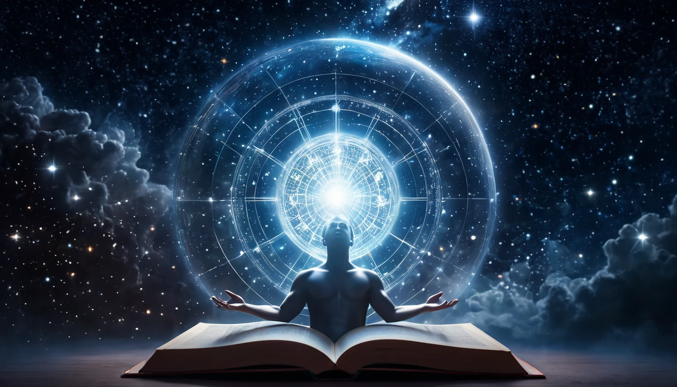 Egy ember meditál egy nyitott könyv felett, fénylő energia sugárzik a feje fölött.
