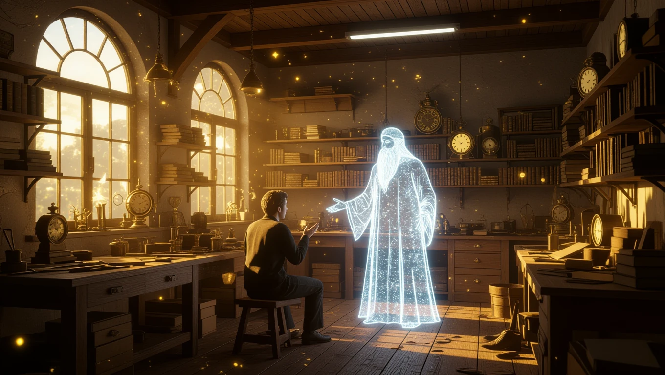 Mit jelent javításról álmodni? – Részletes álomfejtés és értelmezés Egy férfi ül egy asztalnál, míg egy szellemszerű figura beszél hozzá egy javítóműhelyben.