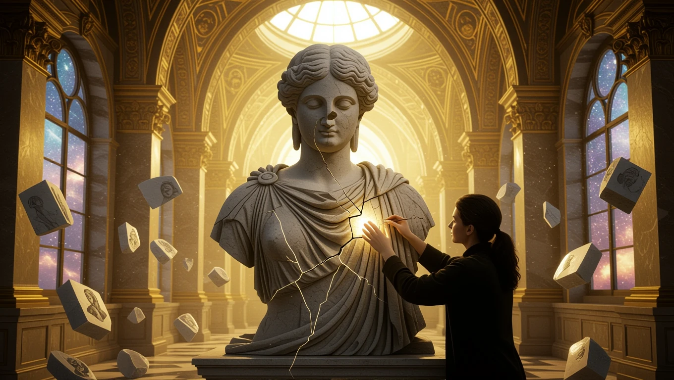 Mit jelent javításról álmodni? – Részletes álomfejtés és értelmezés Egy nő javít egy sérült szobrot egy fényes, díszes teremben.