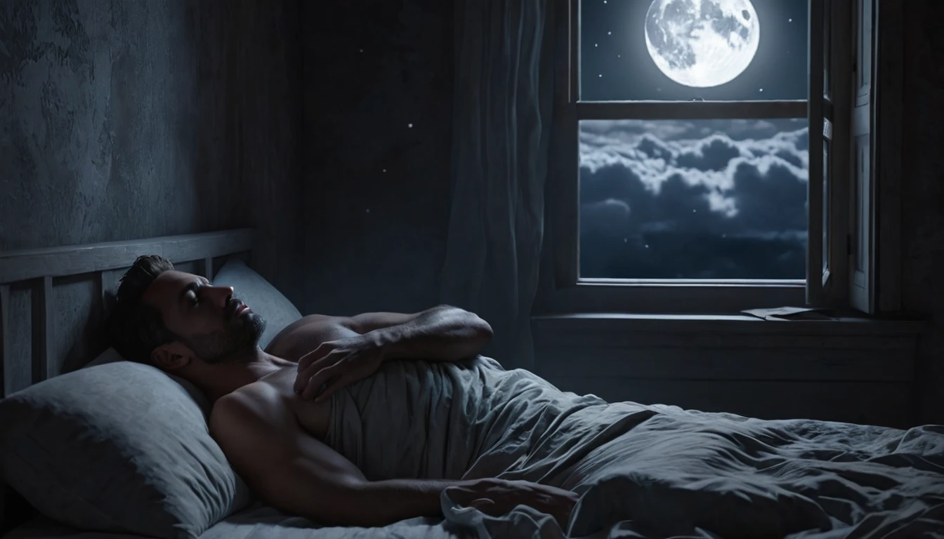 Mit jelent nyögéssel álmodni? - Online álomfejtés és értelmezés Egy férfi alszik az ágyában, miközben a hold fénye bevilágítja a szobát.