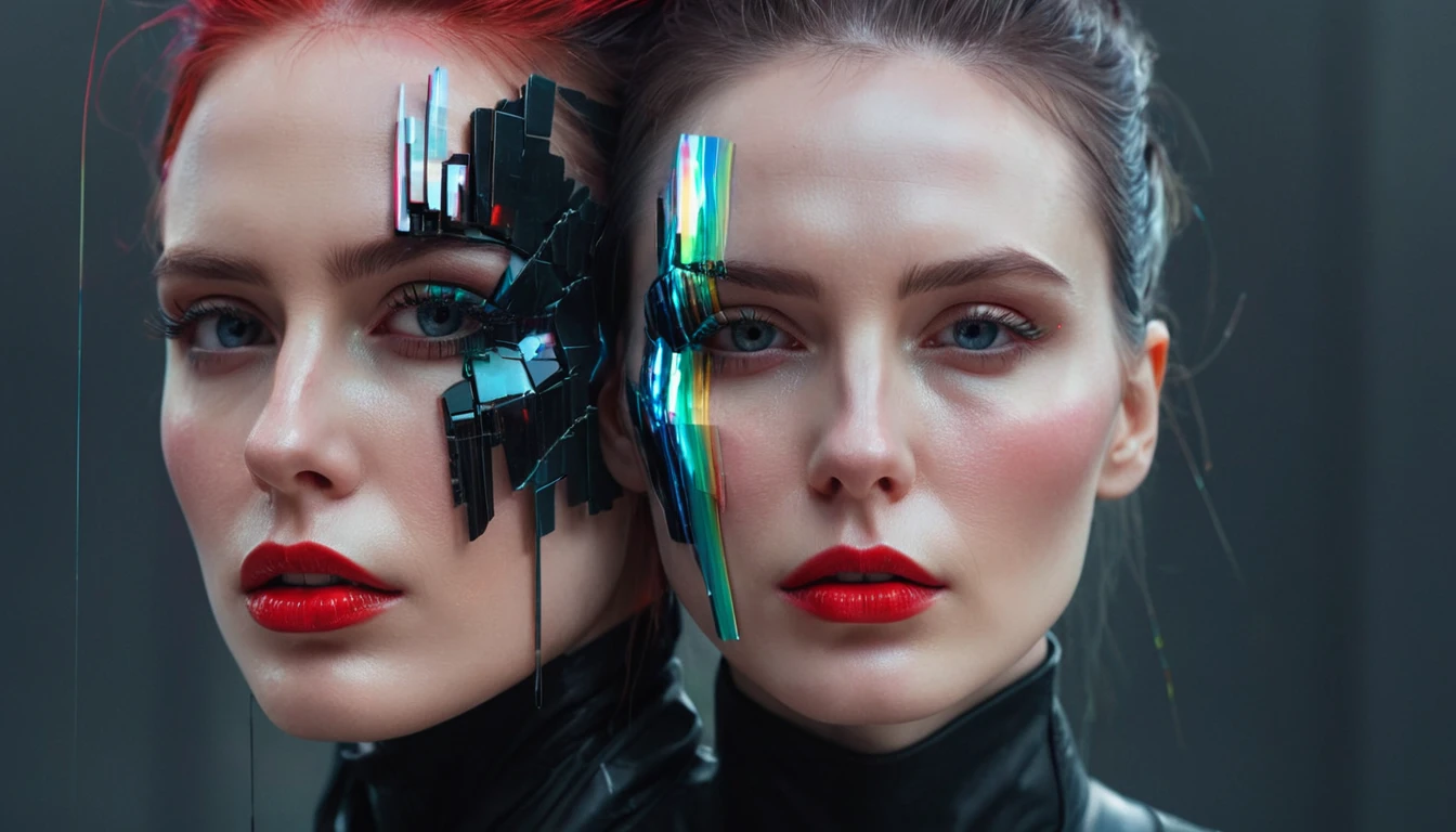 Két női arc, az egyik modern, futurisztikus díszítéssel, piros ajkakkal.