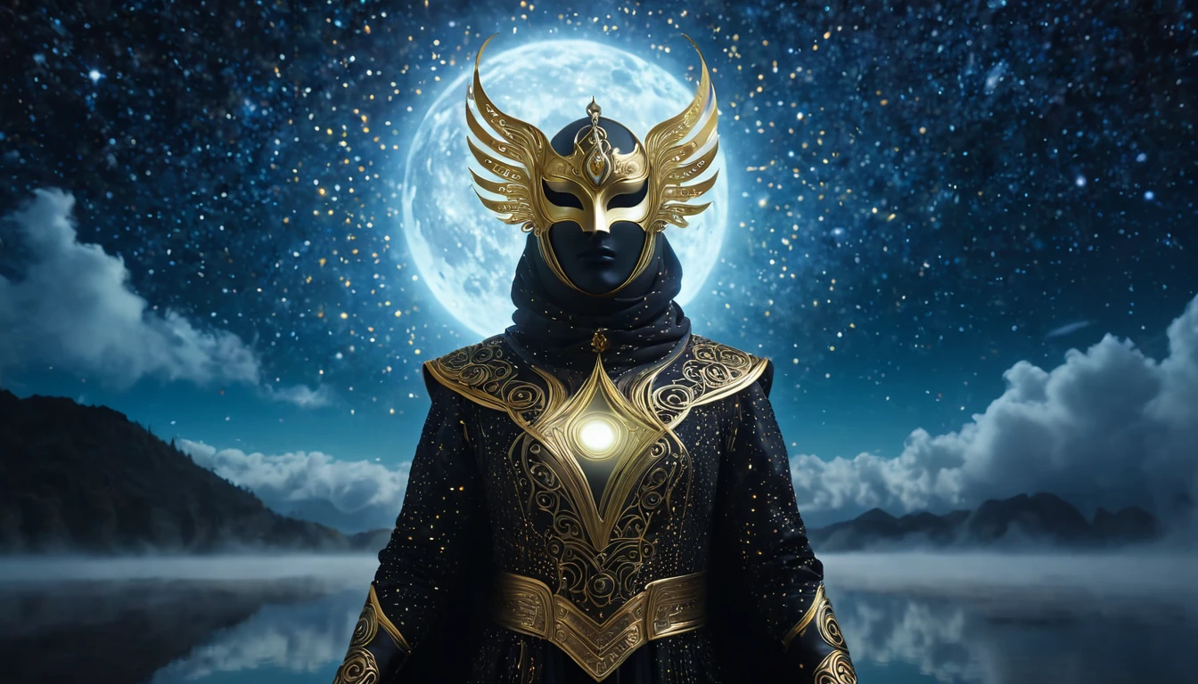 Egy titokzatos alak álruhában, csillagos ég alatt, a telihold fényében.