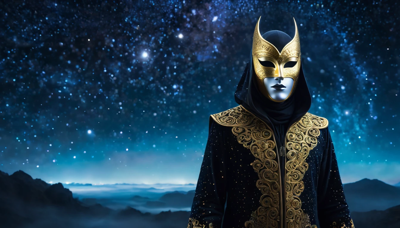 Egy titokzatos alak aranymaszkban és díszes köpenyben, csillagos ég alatt.