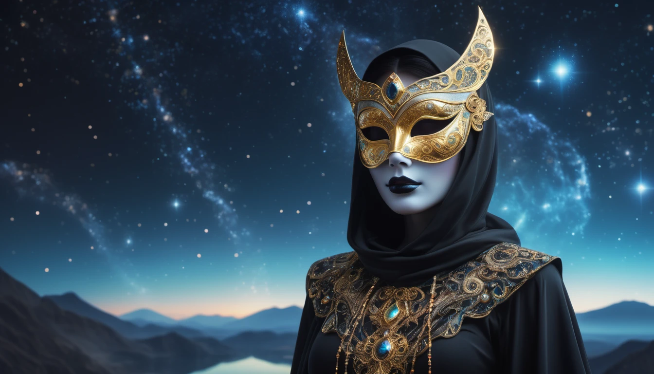 Egy nő aranymaszkban és fekete ruhában, csillagos ég alatt.