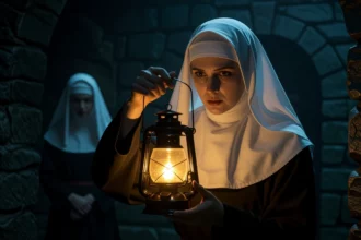 Egy apáca lámpást tart a kezében, mögötte egy másik apáca áll sötét háttérben.