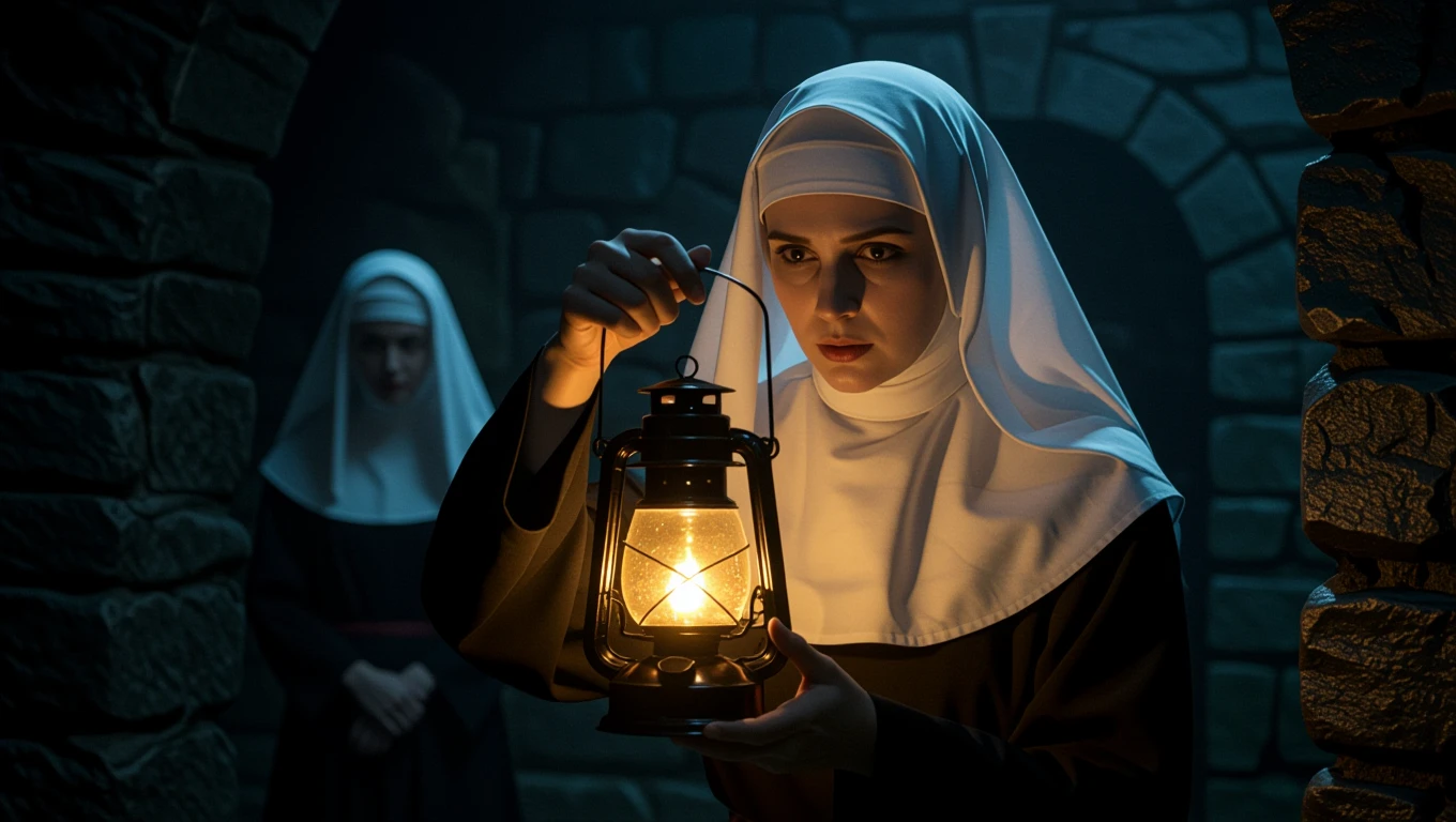 Mit jelent apácáról álmodni? – Részletes álomfejtés és értelmezés Egy apáca lámpást tart a kezében, mögötte egy másik apáca áll sötét háttérben.