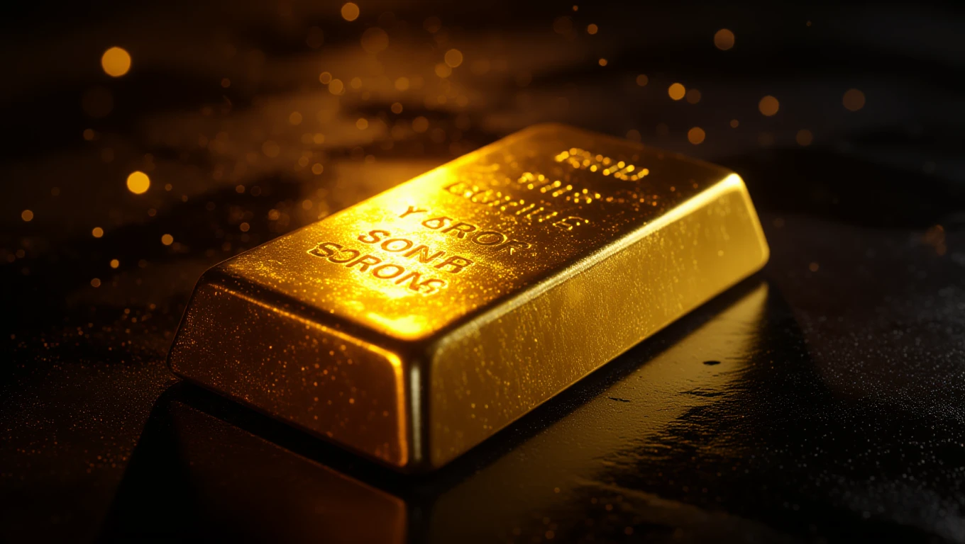 Mit jelent arannyal álmodni? – Részletes álomfejtés és értelmezés Egy csillogó aranytömb, amely a fényben ragyog, háttérben sötét felülettel.
