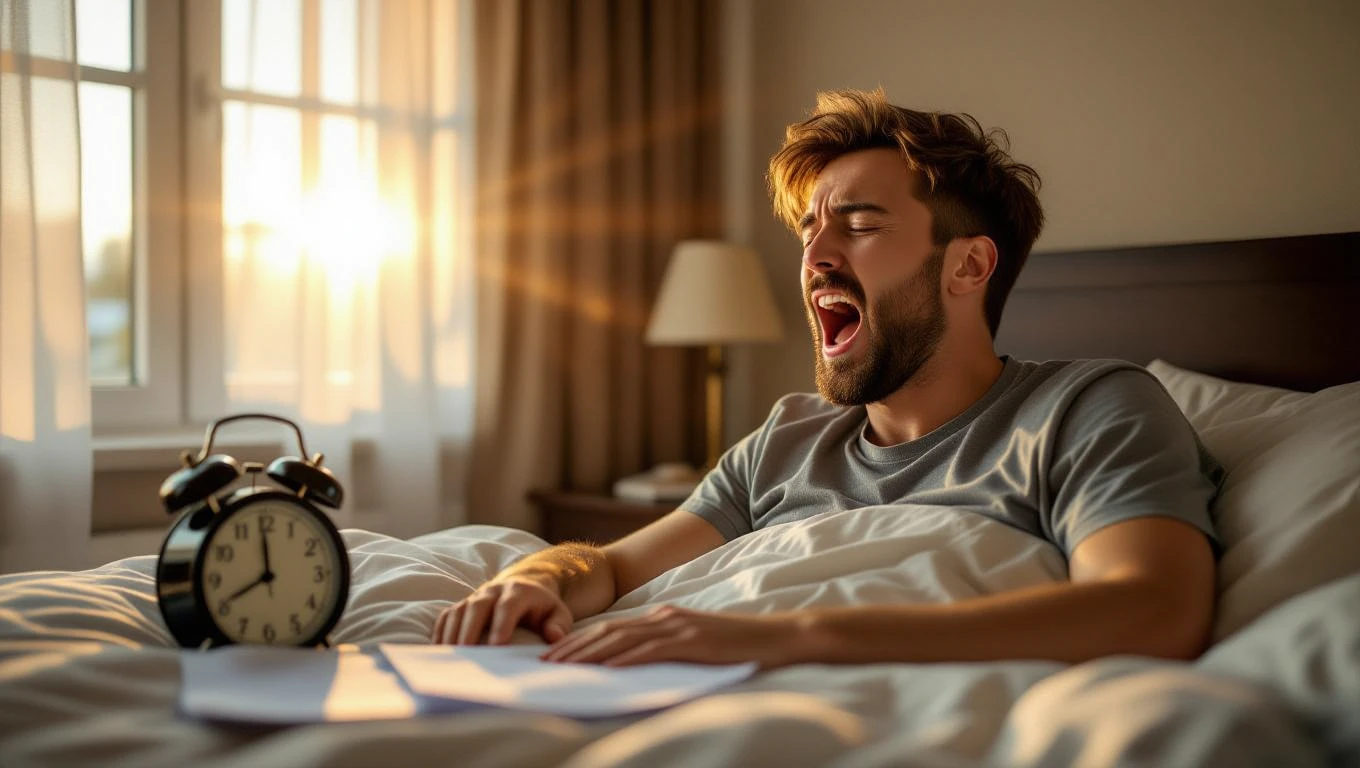 Mit jelent ásításról álmodni? – Részletes álomfejtés és értelmezés Egy férfi ásítva ébred a reggeli napfényben, az ágyban ülve.