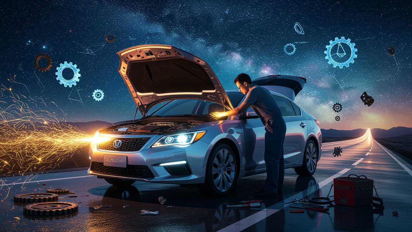 Mit jelent javításról álmodni? – Részletes álomfejtés és értelmezés Egy férfi autót javít az úton, csillagos ég alatt, szerszámokkal és fogaskerekekkel körülvéve.