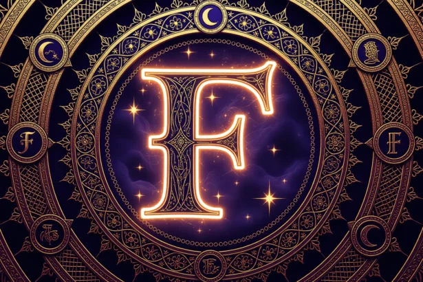 Aranyozott F betű egy misztikus mandalában, csillagokkal és szimbólumokkal díszítve.