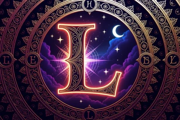 Az L betű díszes, csillagokkal és felhőkkel körülvéve, álomfejtés szimbólumaként.