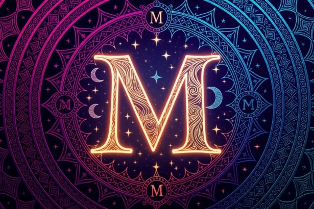 Egy díszes mandala, középen az 'M' betűvel, csillagokkal és holdakkal.
