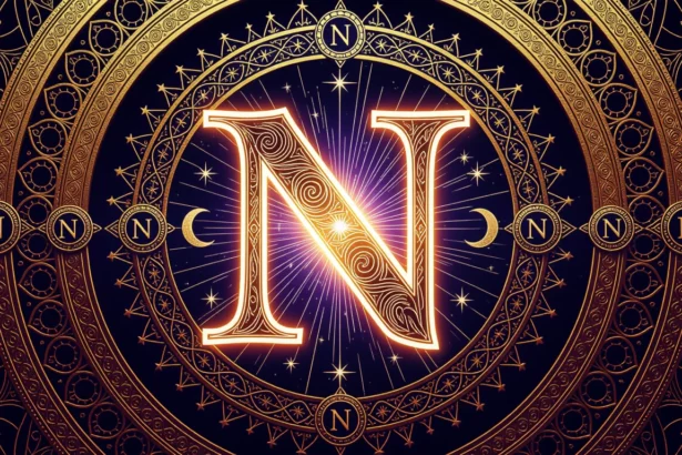 Arany színű, díszes N betű egy csillagokkal és holdakkal díszített háttér előtt.