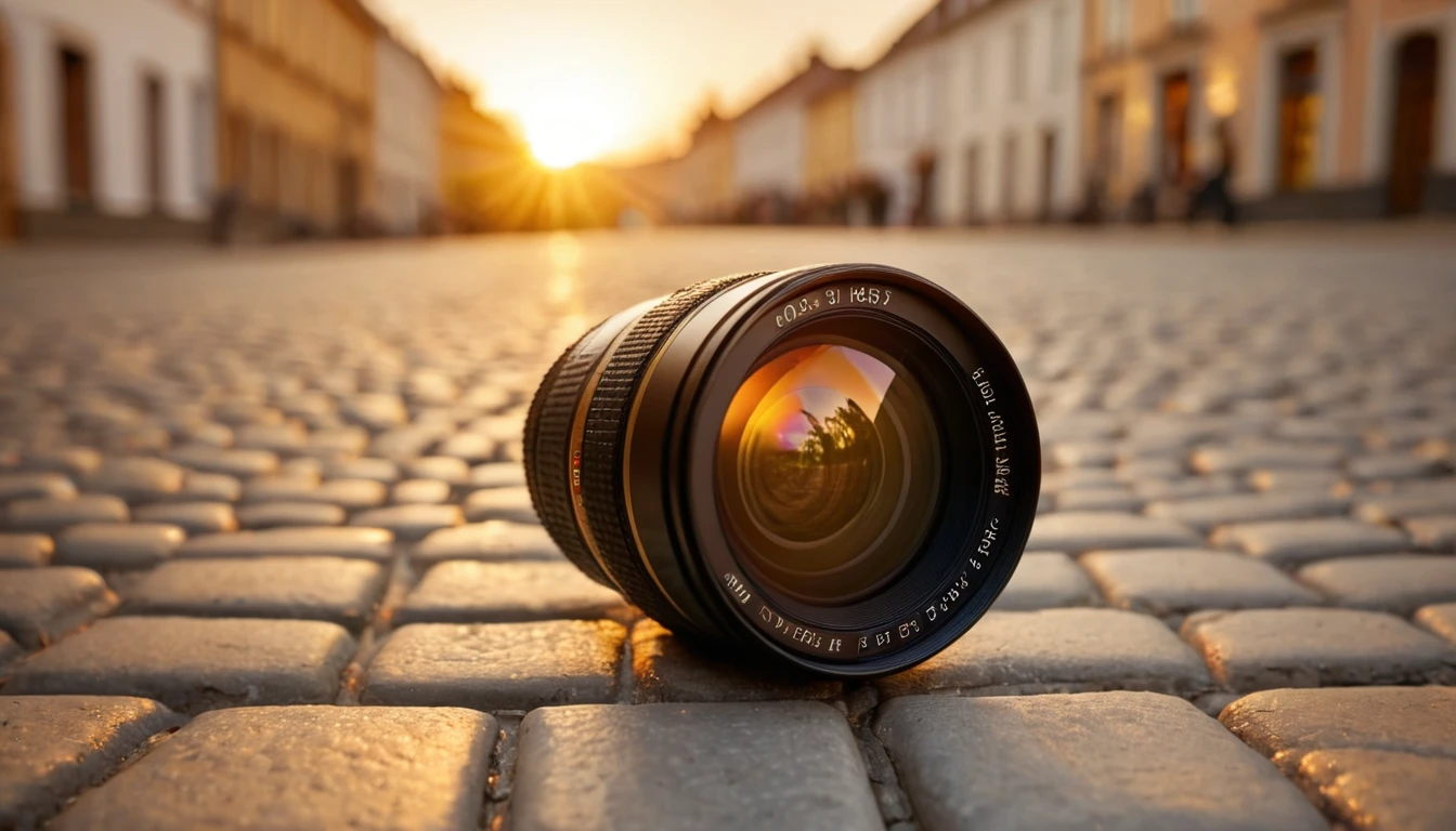 Egy fényképezőgép objektív fekszik a köves úton, naplementében.