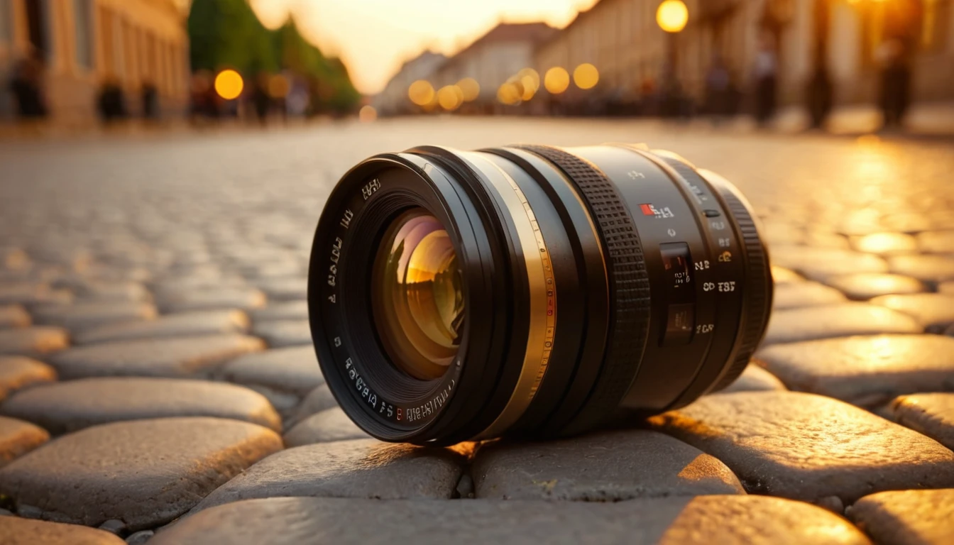 Egy fényképezőgép objektív fekszik a köves úton, háttérben naplementével.