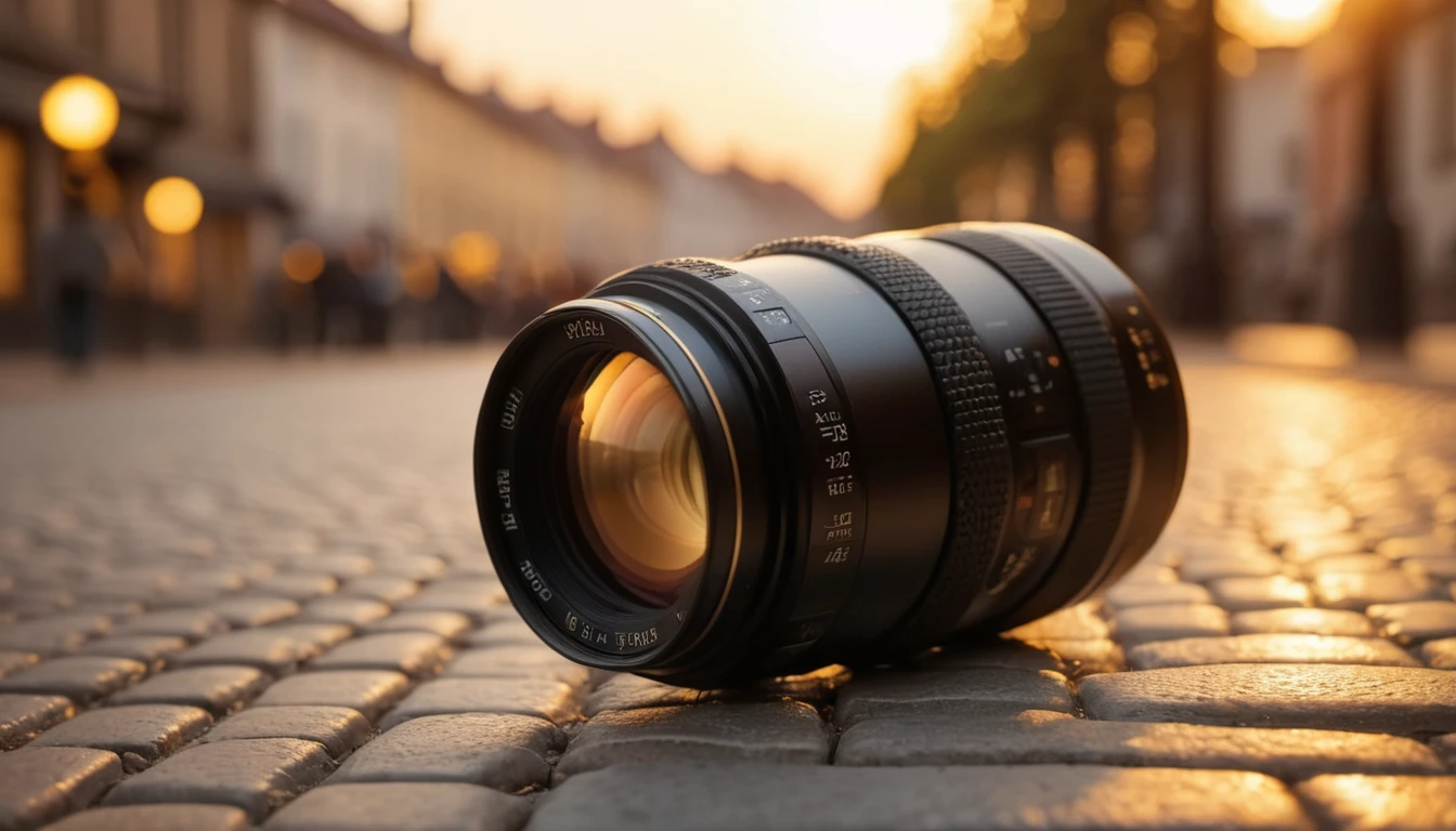 Egy fekete fényképezőgép objektív fekszik egy köves úton, naplementében.