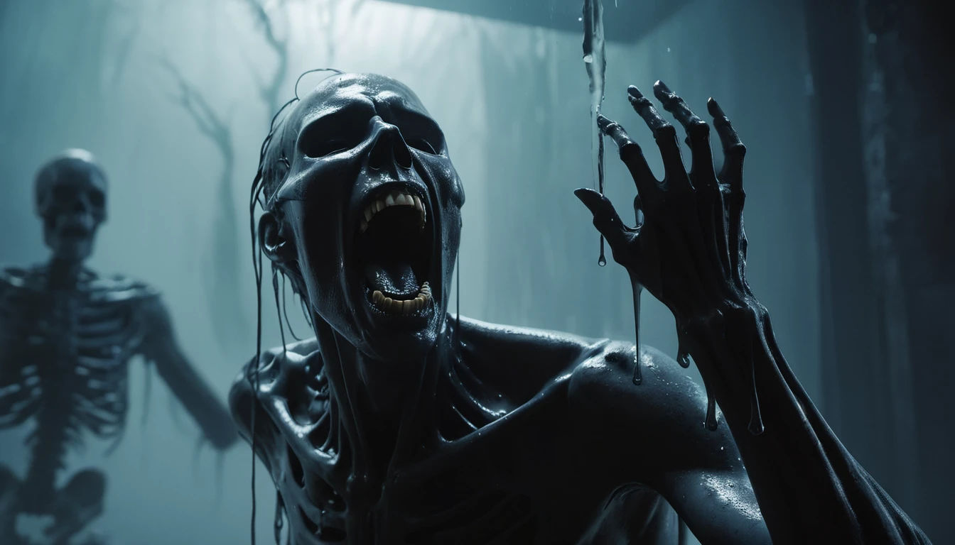 Egy rémisztő, kiáltó csontváz, amely a sötét háttérben áll.