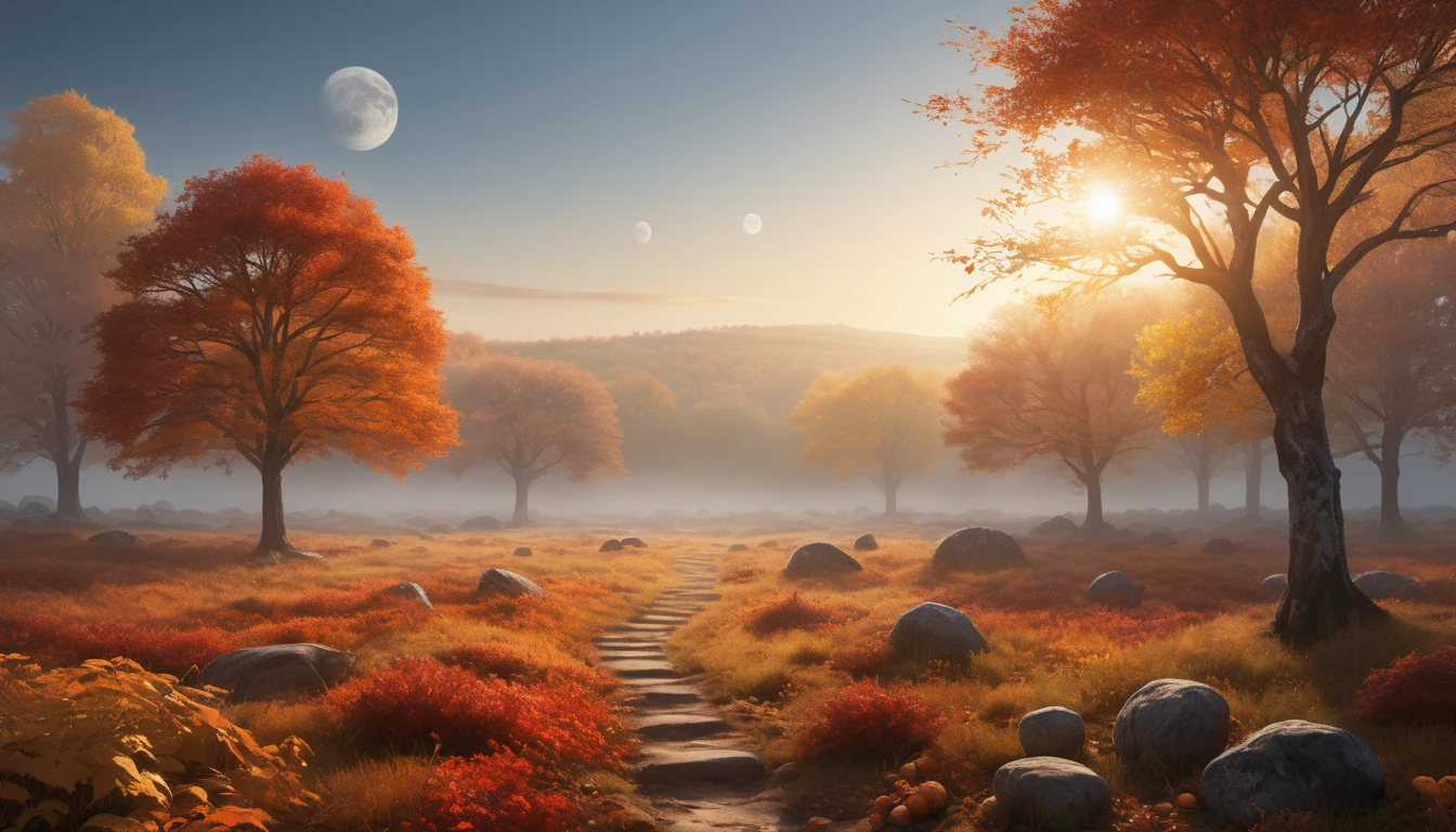 Mit jelent őszi tájról álmodni? - Online álomfejtés és értelmezés Őszi táj, narancssárga és sárga falevelek, ködös háttérrel és kővel.