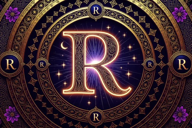 Egy díszes, aranyozott 'R' betű, csillagokkal és virágokkal körülvéve.