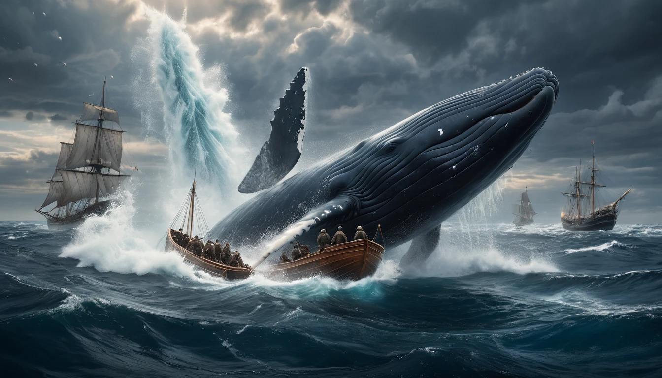 Egy hatalmas bálna ugrik ki a vízből, hajók körülötte viharos tengeren.