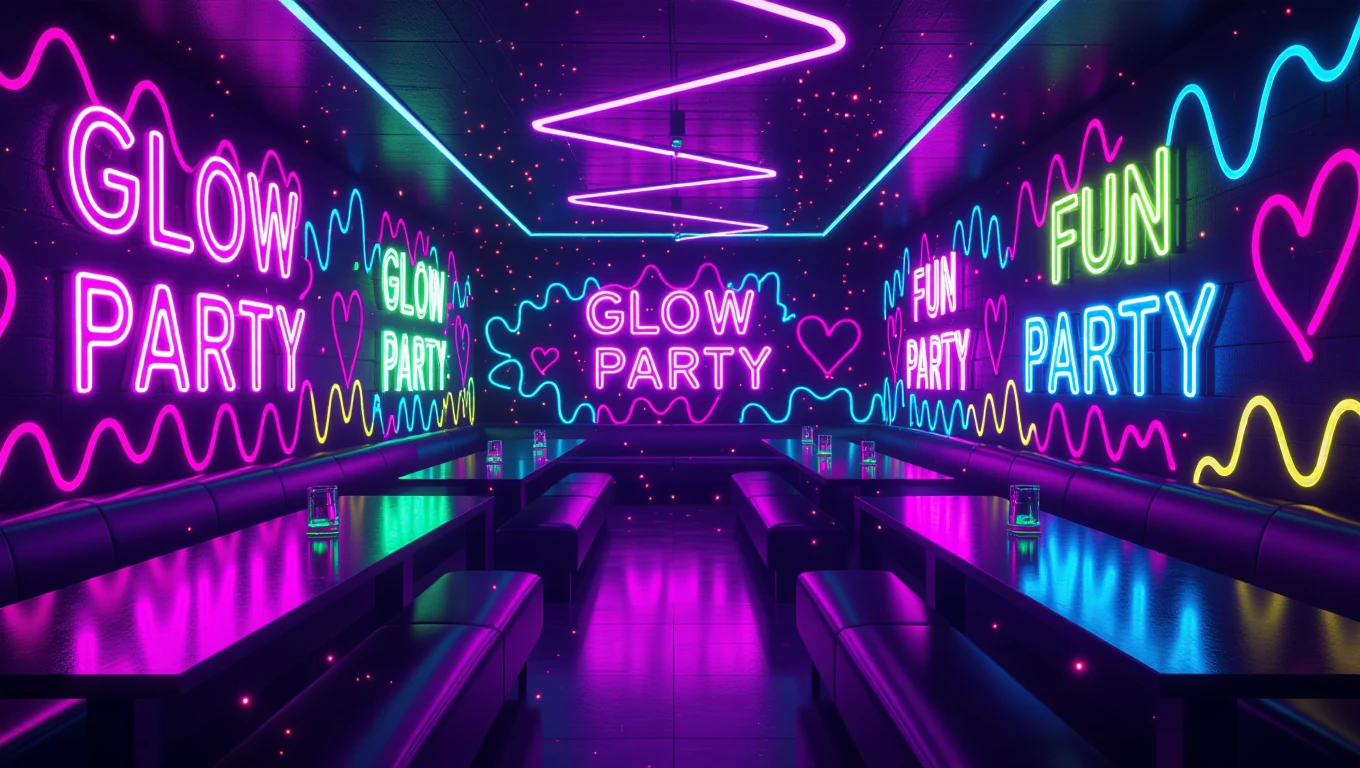 Színes neonfeliratokkal díszített bulihelyiség, hangulatos berendezéssel.