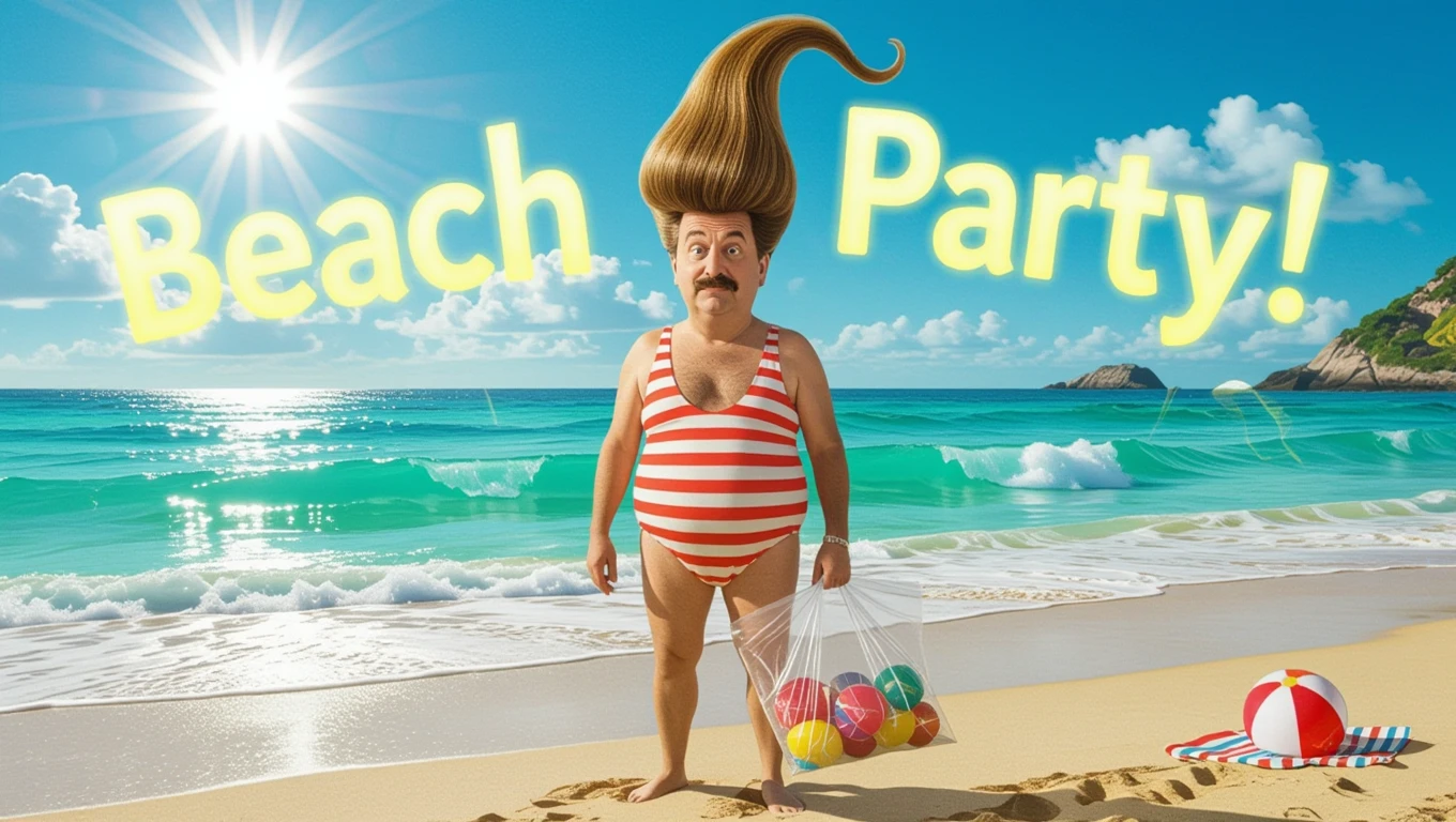 Egy férfi csíkos fürdőruhában áll a tengerparton, színes labdákkal a kezében.