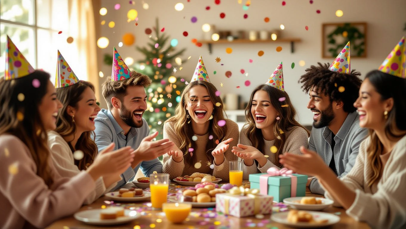 Vidám barátok ünnepelnek egy bulin, színes konfetti és sütemények között.