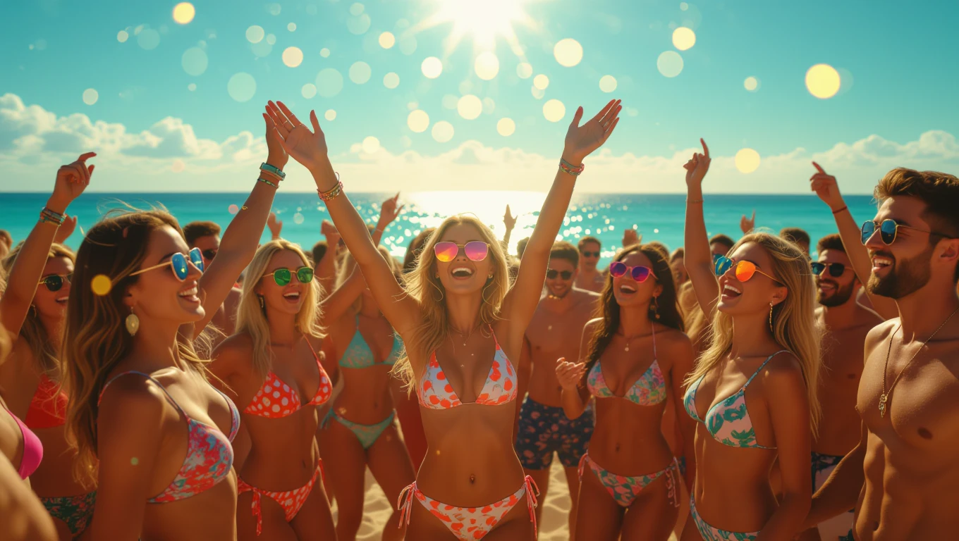 Fiatalok buliznak a tengerparton, napsütésben, vidám hangulatban.