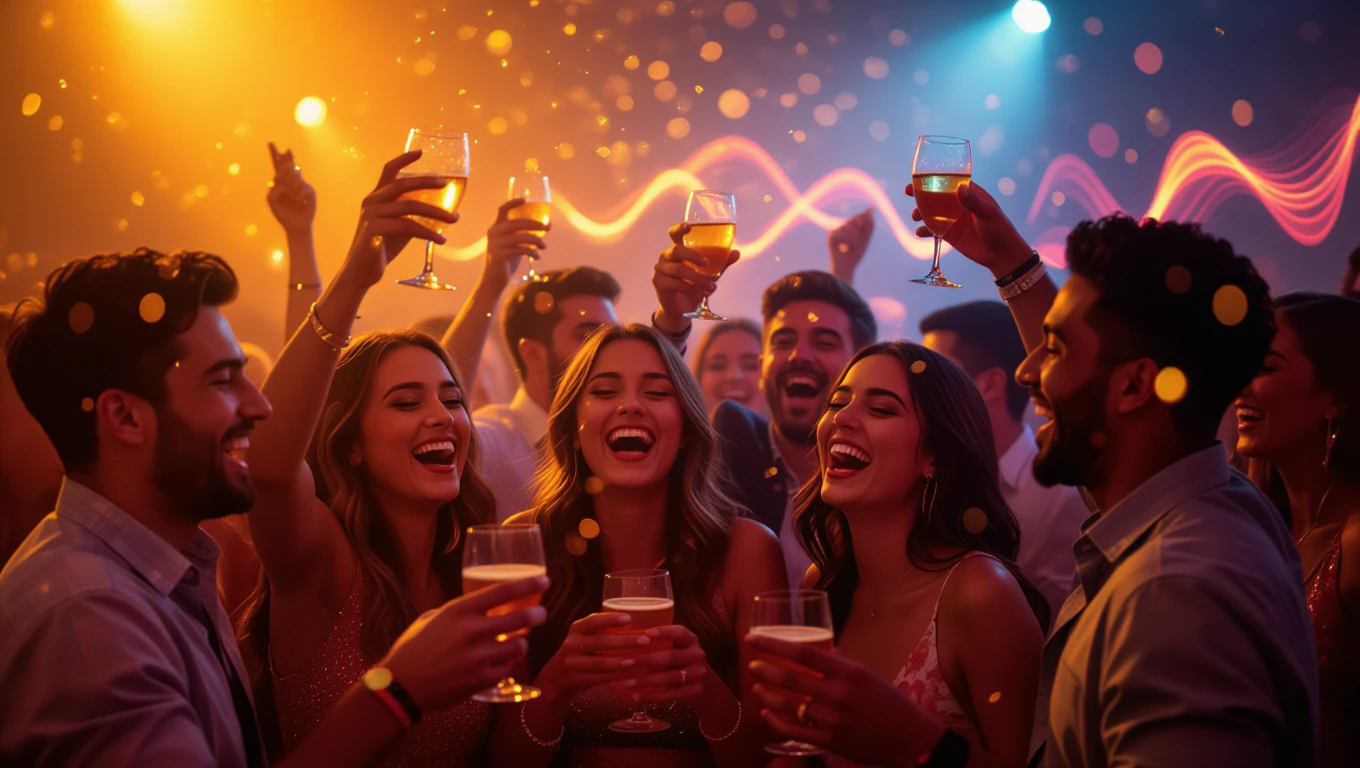 Fiatalok buliznak, poharakat emelnek, vidám hangulatban ünnepelnek.