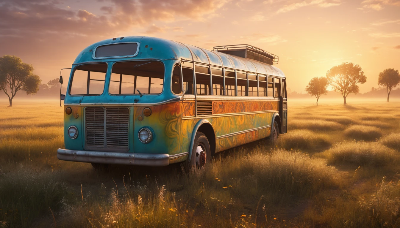 Mit jelent buszról álmodni? - Online álomfejtés és értelmezés Egy színes, vintage busz áll egy naplementés mezőn, körülötte fák.