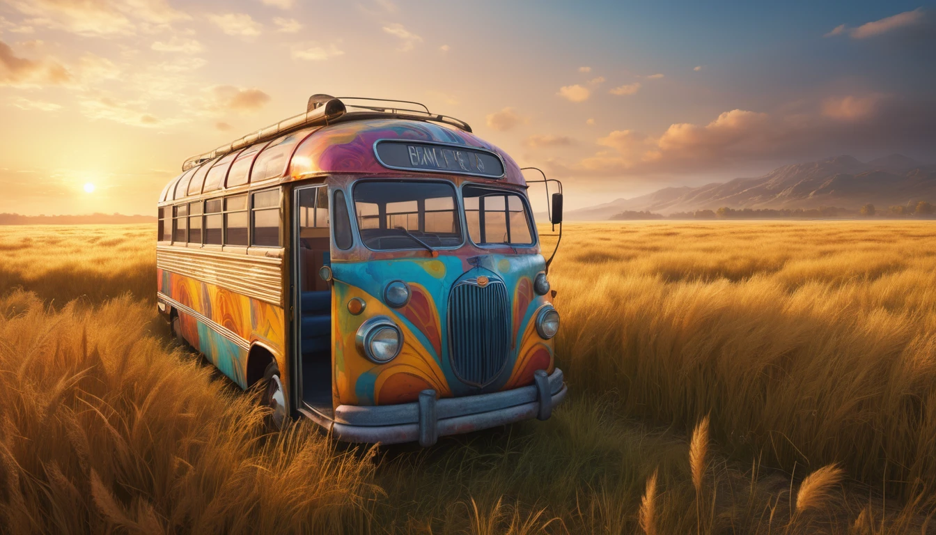 Mit jelent buszról álmodni? - Online álomfejtés és értelmezés Színes, vintage busz áll egy aranyló búzamezőn naplementében.