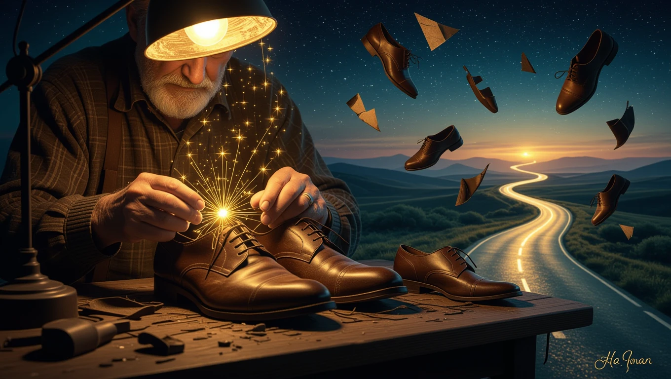 Mit jelent javításról álmodni? – Részletes álomfejtés és értelmezés Egy idős mester cipőt javít, miközben csillagok ragyognak a háttérben.
