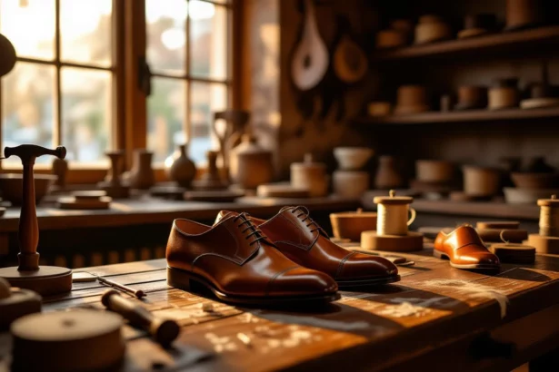 Két elegáns bőr cipő egy vargánál, körülöttük szerszámok és kézműves tárgyak.