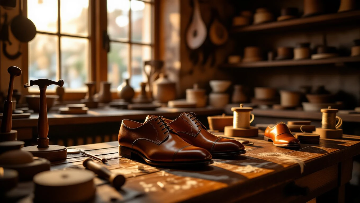 Mit jelent vargáról álmodni? – Részletes álomfejtés és értelmezés Két elegáns bőr cipő egy vargánál, körülöttük szerszámok és kézműves tárgyak.