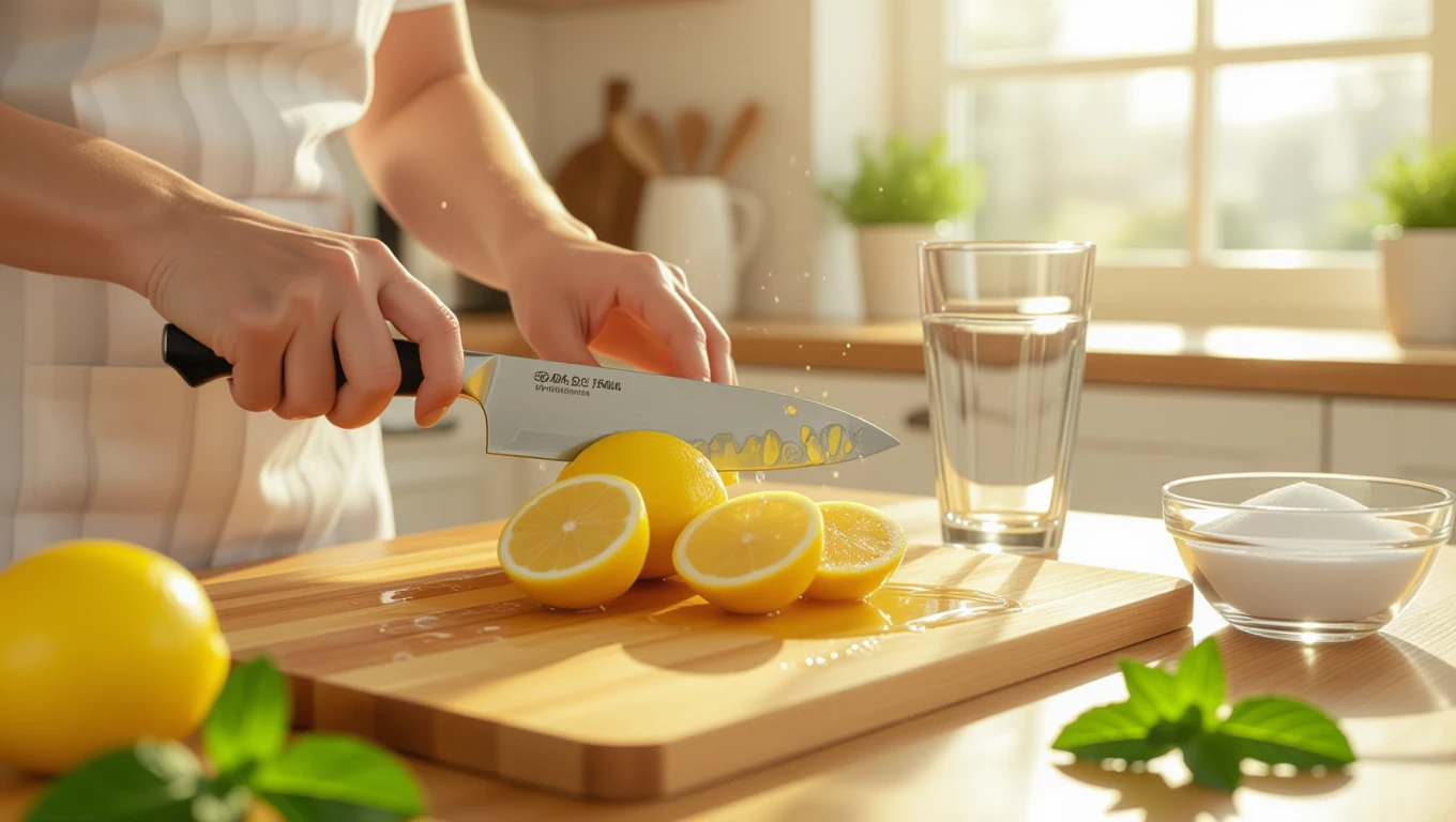 Mit jelent limonádéról álmodni? – Részletes álomfejtés és értelmezés Egy kéz citromot szeletel, mellette víz és cukor található.